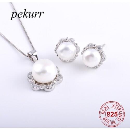 Pekurr 925 Sterling Silver Polka Dot Flower Freshwater Natural Pearl Earrings Necklace Sets For Women Zircon Pendants Jewelry