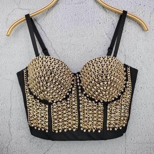 Stage Jazz Pole Dance Costume Women Vest Metal Chain Crystal Crop Top DJ Clothes Party Social Outfit Sexy American Clothing I983
