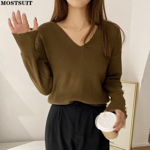 Solid Basic Thin Knitted Sweater Tops Women Buttons Sleeve V-neck Loose Korean Pullover Vintage Casual Ladies Jumpers 2021