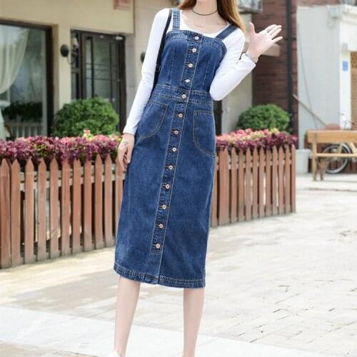 Women Denim Dress Spring Autumn Spaghetti Strap jeans Dresses Women Single-breasted Long Denim Overalls Sundress