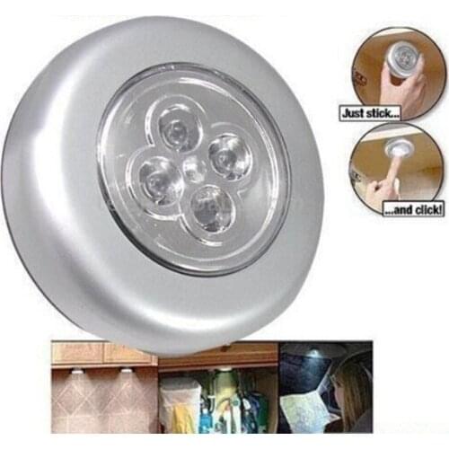 100pcs/lot 4 LED Touch Light Round Cordless Stick Tap Wardrobe Battery Powered Kitchen Car Trunk Study Emergency Night Light