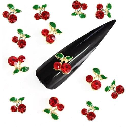 20Pcs/lot Metal Red Cherry Nail Art Decoration 3D Alloy With Shiny Rhinestone Mini Charm DIY Gem Luxury Manicure Accessories #H7