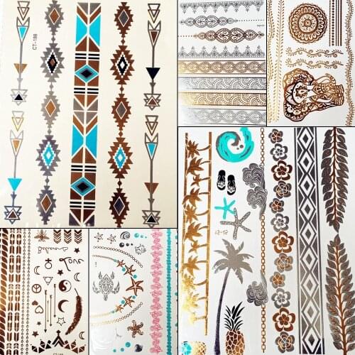 25 Designs Blue Gold Silver Chains Metallic Flash Tattoo Sticker Women Body Art Summer Style Golden Fake Waterproof Tattoo Decal