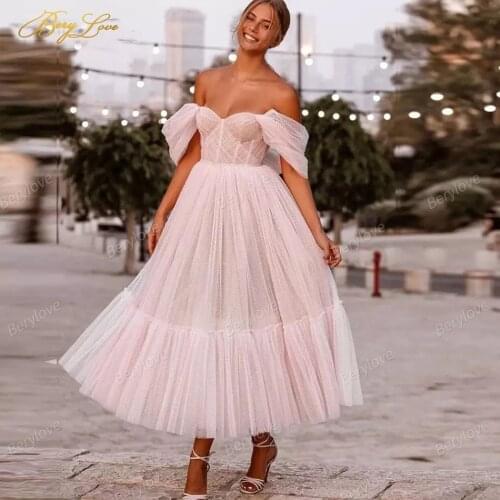 Berylove Pink A line off the Shoulder Prom Dress Sweetheart Tea Length Pleat Tulle Evening Dresses Elegant vestido Formal Gown