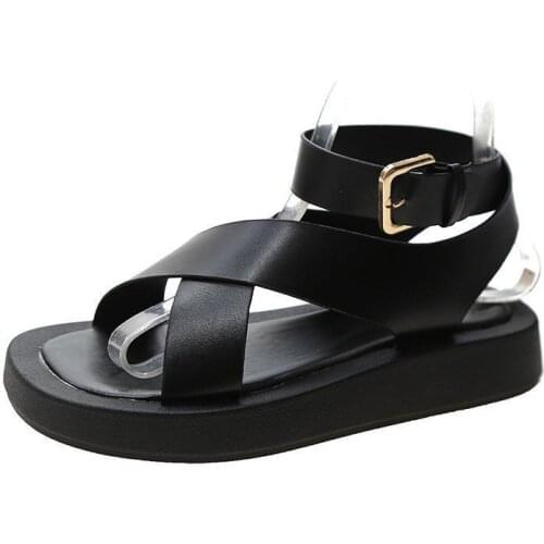 Sandals Women Genuine Leather 2021 Summer New Clip Toe Sandals Ladies Roman Women Shoes Muffin Sandals