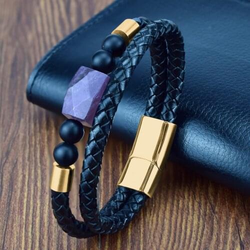 Unique Shape Natural Purple Stone Mens Beads Bracelet Black Genuine Leather Bracelets for Woman Men Jewelry Magnetic Clasp