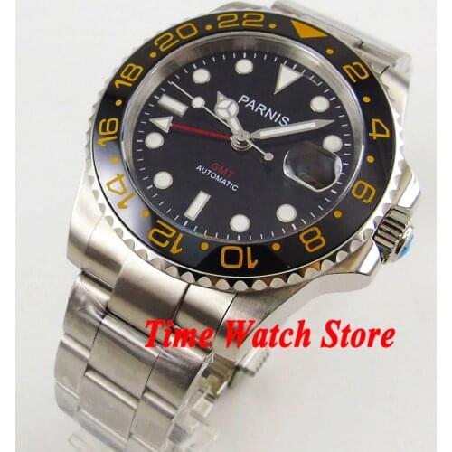 Parnis 40mm GMT 3804 automatic mens watch black dial sapphire glass yellow ceramic bezel luminous waterproof