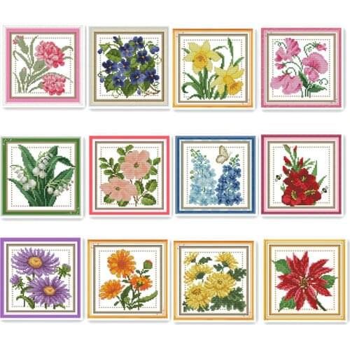 Joy Sunday New Arrival Small Cross Stitch Flowers Pattern Twelve Months Flower DMC 11&14CT Printed Cross Stitch Kit Home Decor