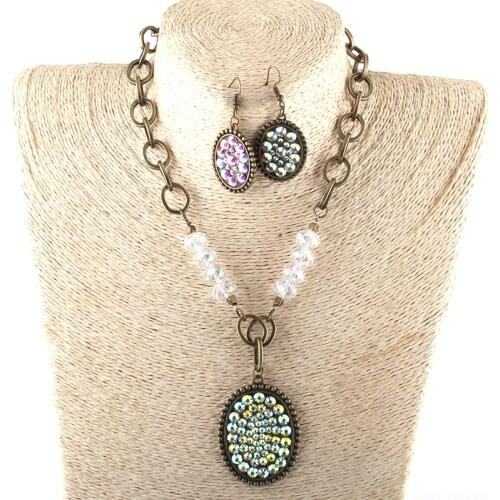 MOODPC Fashion Jewelry Set Rosary Chain Glass Crystal Big Metal Chain Bling Pendant Choker Necklace and Earring set