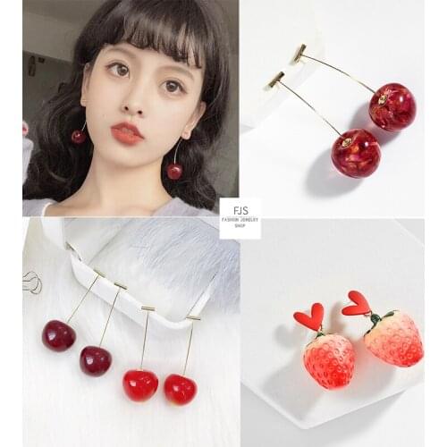 Korean Simulation Cherry Earrings for Women Girl Cute Red Long Cherries Petal Strawberry Fruit Earrings 2020 Trend Jewelry