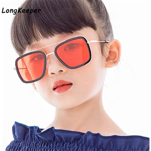 Kids Tony Stark Sunglasses Metal Square Vintage Iron Man Eyewear For Girls Boys Pilot Punk 6-14 years old Children Sun Glasses