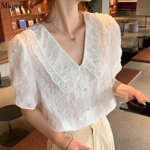 Fashion Beading V-neck Chiffon Shirt Sweet Lace Blouse Women Lapel Summer Tops French Short Sleeve Blouse Blusas Mujer 16044
