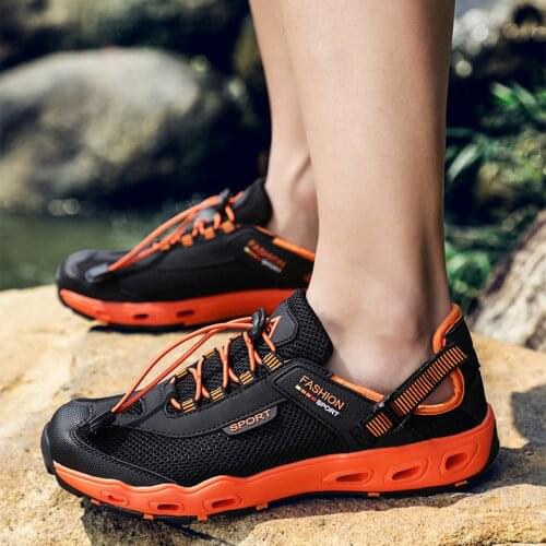 Mens Summer Leisure Outdoor Sports Shoes Breathable Hiking Shoes Leaky Camp Cross Country Trekking Shoes Large Size 39-48