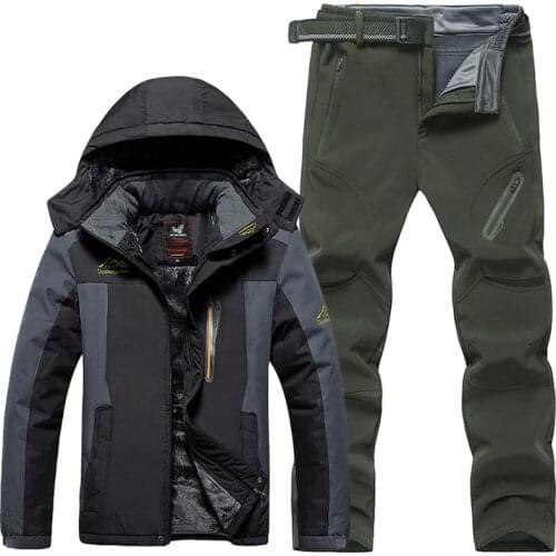 Winter Men Fleece inside Hiking Jackets + soft shell Pants Windproof coat Waterproof Ski suit Male Outdoor mountaineering wear