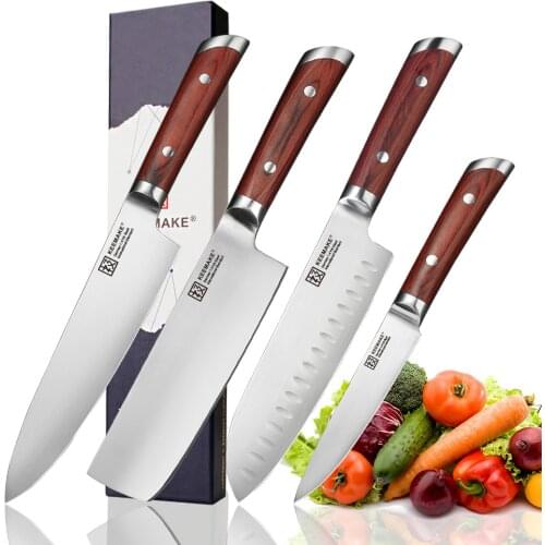 KEEMAKE 4PCS Kitchen Knives Set German 1.4116 Steel Blade Santoku Utility Chef Cleaver Knife Color Wood Handle Sharp Meat Cut