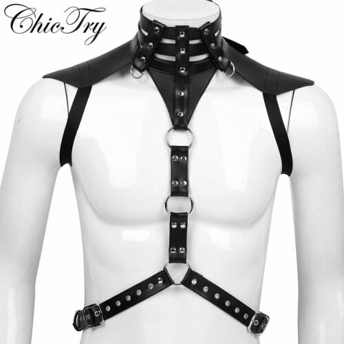 Newest Male Mens Clubwear Harness Halter Neck Adjustable Buckles Body Chest Harness Belt with Metal O-rings Fancy Costume Straps