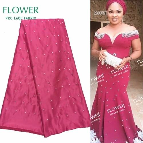 Solid Color African Satin Lace Fabric With White Beads Satin Lace For Women Evening Party Dress Fabrics 2017 High Quality Fabric