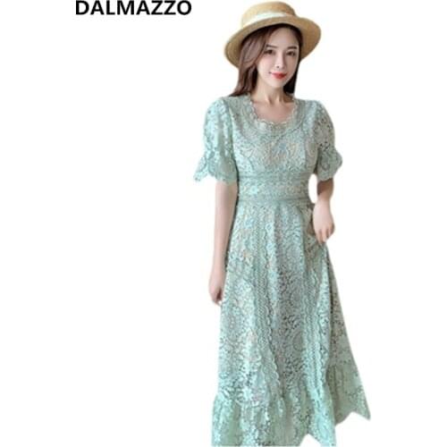 DALMAZZO High-End Custom Women Puff Short Sleeve Holiday Long Dress 2021 Summer Designer Lace Hollow Out Party Vestidos Female
