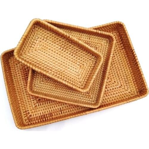 Rattan Wicker Serving Tray Rectangular Decorative Organizer for Coffee Table Fruit Drinks Snack Bathroom Platter Kitchen