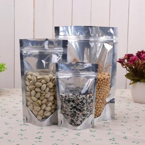 Transparent & aluminum coated zipper top stand up pouch bag for dried nuts food candy packaging 100P