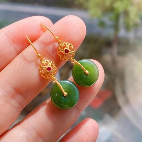 Retro Style S925 Sterling Silver Inlaid Natural Hetian Gray Jade Safety Buckle Earrings Good Luck Simple Hollow Generous