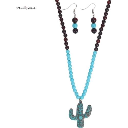 Banny Pink Indian 2 Tone Round Stone Beads Strand Necklace Earrings Set For Women Ethnic Cactus Pendant Necklace Sweater Chain