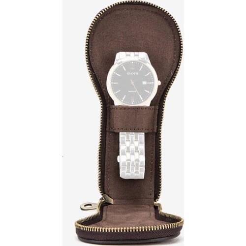 Retro Soft Leather Watch Box Luxury Handmade 1 Slot Brown Watch Pouch Case with Zipper Portable Organizer Bag Travel Watch Bag P
