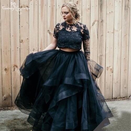 Gothic Black Wedding Dresses Boho 2021 Bride Dress with Sleeves Two Pieces Bohemian Bridal Gowns Plus Size Vestido De Noiva