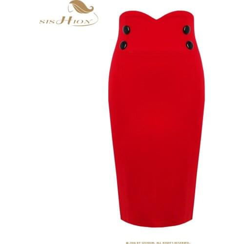 SISHION Skirts Womens Sexy Fashion Slim Black Red Button High Waist Bodycon Pencil Skirt Office Plus Size Women Skirt VD0409