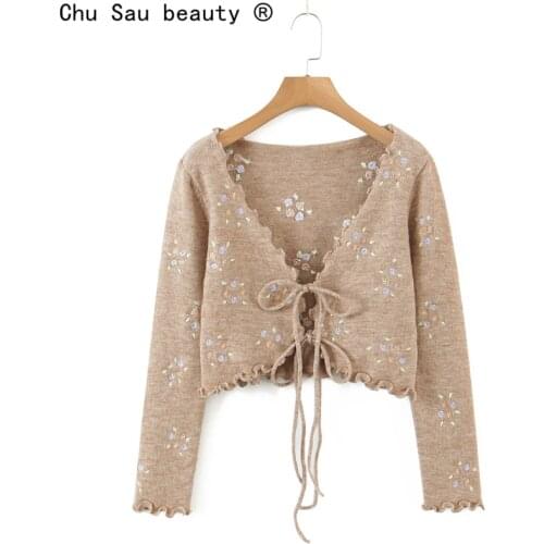 Knitted Cardigan Jacket Women Autumn Winter Y2k New Chic Loose Short Lace Hand Embroidery Ruffled Sweater V-Neck Top