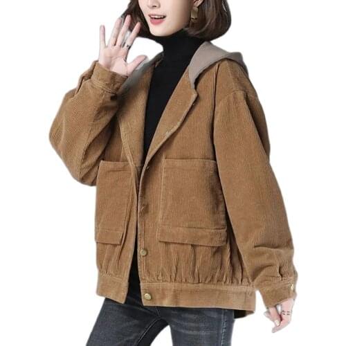Breasted Hoode Ladie Autumn Winter Overcoat New All-match Loose Slim Single-d Ms Thicken Casual Add Cotton Corduroy Women Coat
