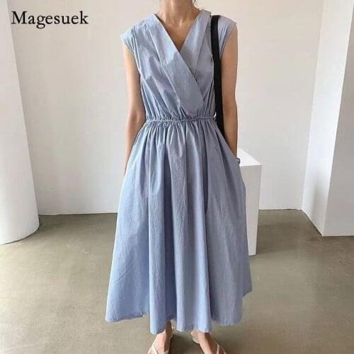 2021 Korean Summer Women Maxi Dress Soft Solid Cotton Blue V-neck Pleated Dress High Waist Long Sleeveless Dress Vestido 14750