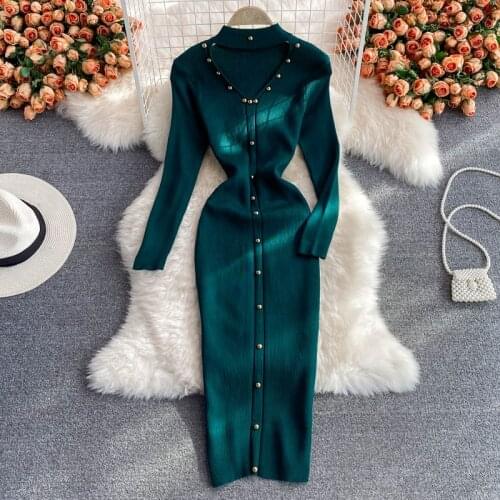 FTLZZ Autumn Winter Women Elegant V-neck Mounted Long Sleeve Knitting Dress Casual Solid Single Breasted Sheath Long Dress