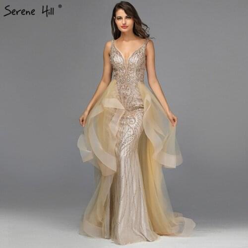 Gold V-Neck Beading Crystal Prom Dressese Sleeveless Mermaid Sexy Prom Gowns Design 2020 Serene Hill BLA70169