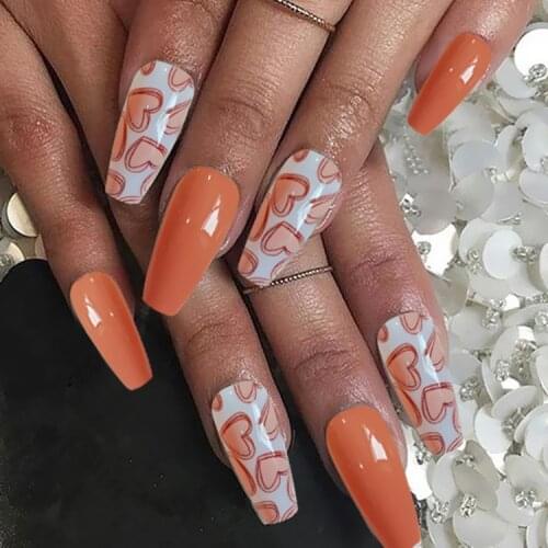 Long Flat Nail Piece 24 PCS Stick on Jelly Nail Patch Cute Heart Glossy Manicure for Nail Salon Art DIY DL