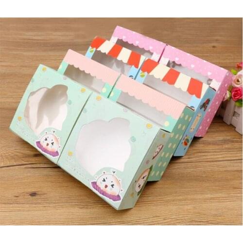 5pcs Small Cupcake Box Cartoon Paper Gift Box With Window Wedding Party Cookies Box Cake Food Packaging Box