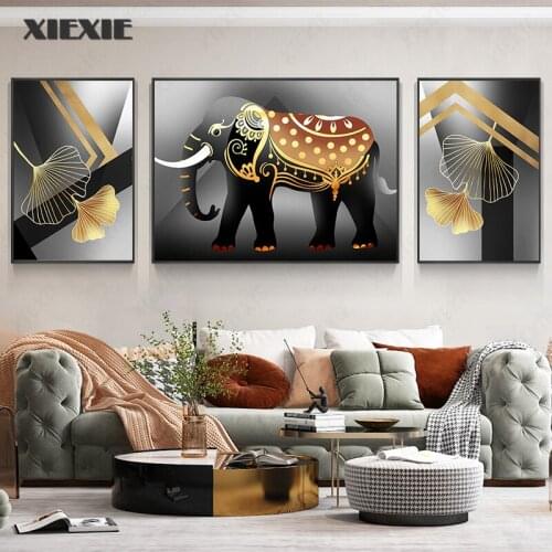 Nordic Abstract Canvas Painting Elephant Ginkgo Leaf Pictures for Modern Living Room and Restaurant Home Wall Art Decor