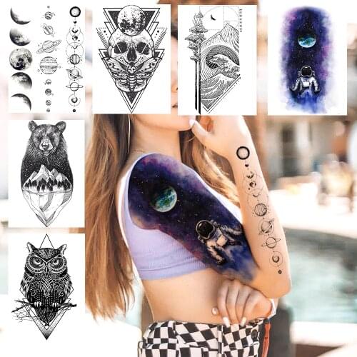 Watercolor Blue Galaxy Space Man Temporary Tattoos For Women Earth Planets Chains Tatoos Body Arm Art Fake Skull Tattoo Stickers