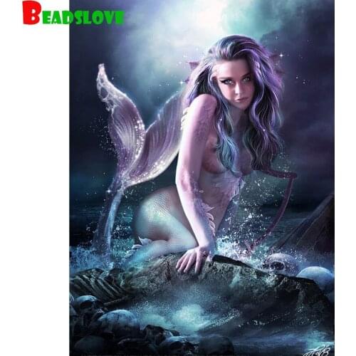 Diamond Painting Cross Stitch mermaid sit in the sea among skulls Diamond Embroidery sale 5d diy Full Square round mosaic