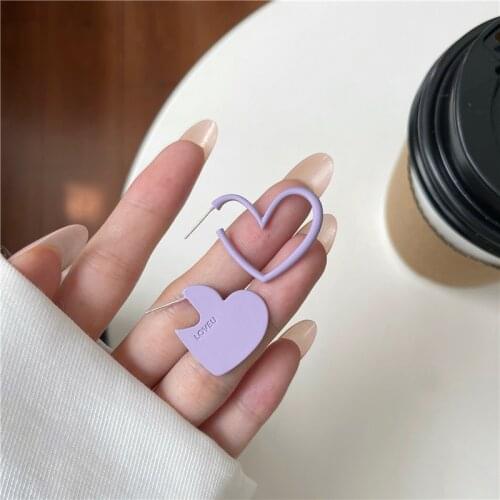 AOMU S925 Korean Simple Trendy Asymmetry Hollow Purple Love Heart Stud Earrings for Women Fashion Commute Party Jewelry Gifts