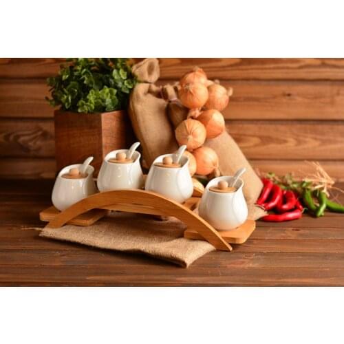 Besta 4 Jars Spice Container with Tray | Bamboo and Porcelain | Home--Jar | Made in turkey