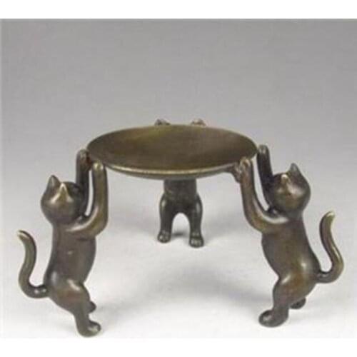 Decoration brass factory Pure Brass Antique Elaborate China Old Copper Cats Statue Lucky Bring Wealth Auspicious Candlestick