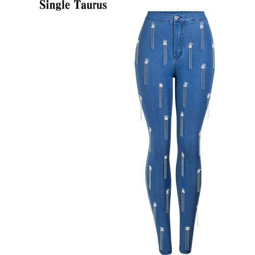 Fake Zippers Tassel Decoration Jeans Women Summer High Waist Skinny Denim Blue High Waist Streetear Push Up Elasticity Trousers