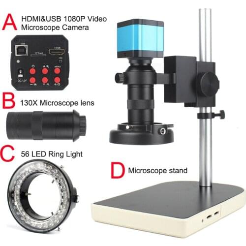 HDMI Electronic Digital Video Microscope Set HDMI USB Industrial Microscope Camera+130X C mount lens 56 LED Ring Light Lamp