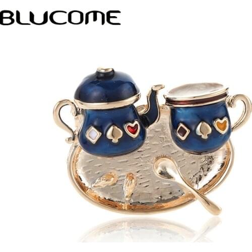 Blucome Enamel Double Teapot Cup Shape Brooches Women Suit Clothing Dress Accessories Hat Cafe Badge Hijab Pin Scarf Buckle Gift