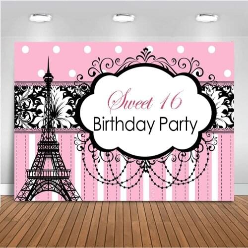 Eiffel tower Sweet 16 Backdrop for Party Photography Happy Birthday Theme Children Background for Photo Booth Studio Supplies
