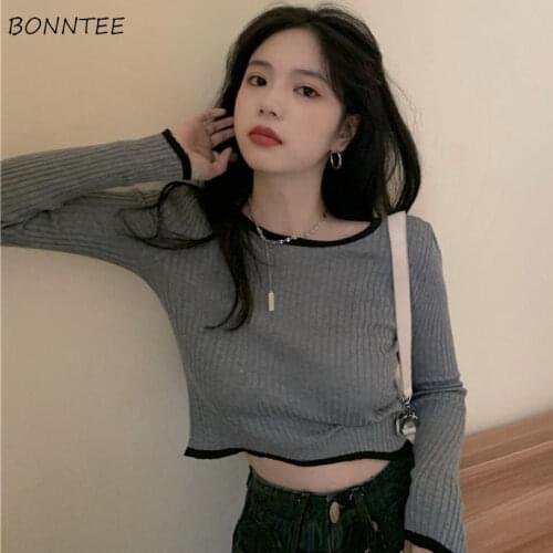 Long Sleeve T-shirts Women Simple Solid Color Crop Slim All-match Female Sweet Leisure Clothing Students Street Popular Knitting