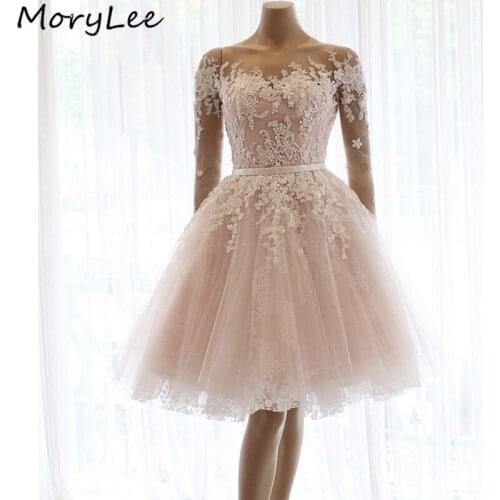 Short Evening Dresses Scoop Long Sleeves A-Line Soft Tulle Pleated Lace Applique Evening Dresses vestidos de fiesta de noche