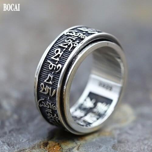 BOCAI New Real S925 sterling silver vintage Bodhi verse six-character mantra good luck ring personal protection Men ring