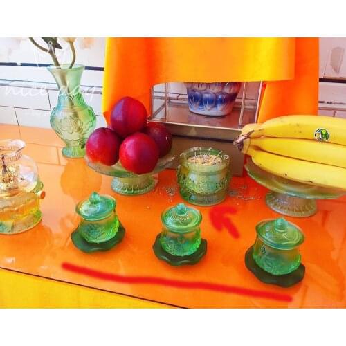 A SET # Asia HOME family Protection Talisman CRYSTAL Worship censer +3P Color Glaze Lotus saintly temple cup Holy water cup
